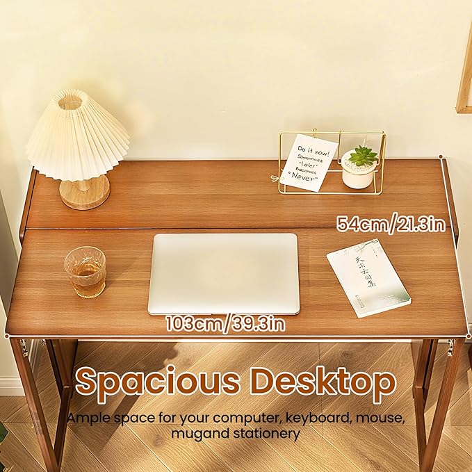 41" Bamboo Folding Desk with Bookshelf, Folding Bamboo Desk for Small Spaces, Computer Table Space Saving, Wooden Desks for Home Bedroom Study Office Bamboos Writing Desks, Brown