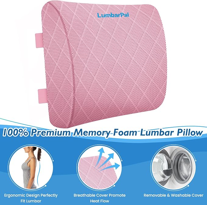 Lumbar Support Pillow for Office Chair Back Support Lumbar Pillow for Car, Gaming, Office Chair - Improve Sitting Posture & Back Pain Relief, Memory Foam, Adjustable Straps, Pink