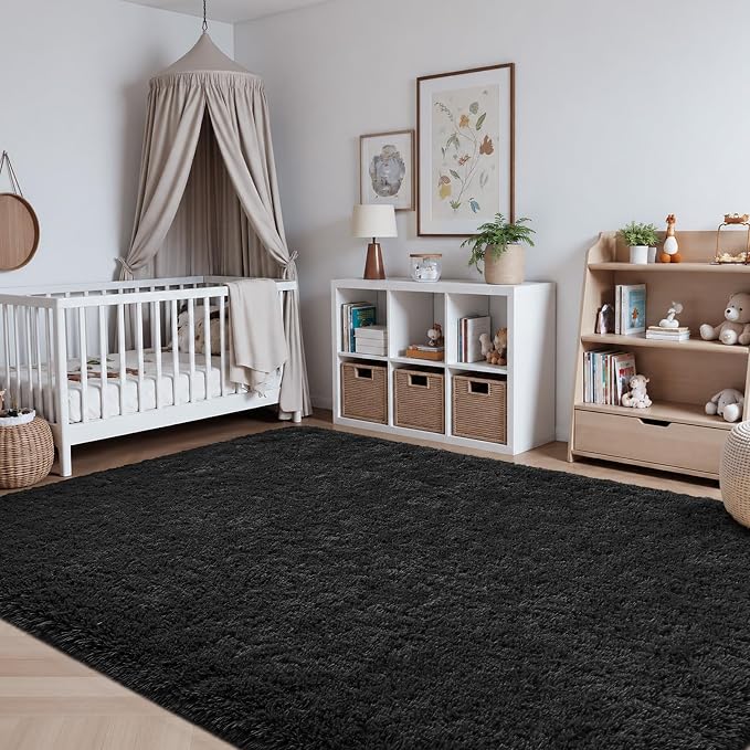 Zentavio Black Area Rugs for Living Room Bedroom 6x9 Large Men Room Carpet Fluffy Furry Shag Aesthetic Plush High Pile Floor Rug for Nursery Kids Room Dorm Home Decor