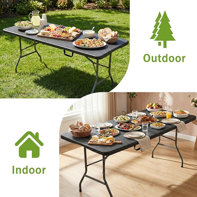 FDW 6FT Plastic Folding Table, Portable with Carrying Handle Perfect for Indoor, Outdoor, Party, Dining, Wedding, Events, Camping, Black Ratten