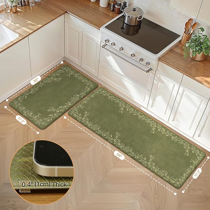 GENIMO Anti Fatigue Kitchen Mats for Floor 2PCS, Cushioned Standing Mats | 17.3"x59"&17.3"x30", Soft Green vintage floral rug set, waterproof, non slip, easy-clean for farmhouse