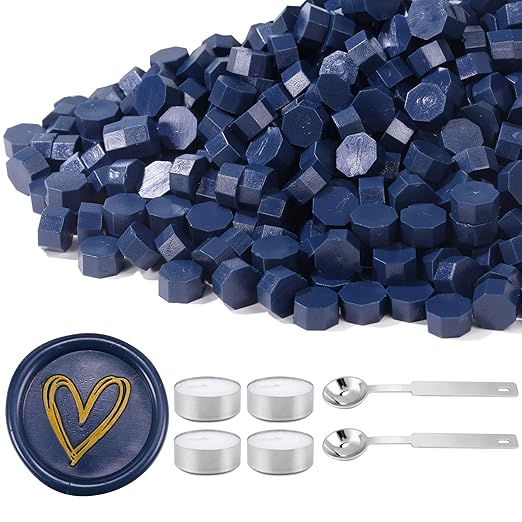 Yoption 360Pcs Navy Blue Sealing Wax Beads with 2 Spoons and 4 Tea Candles for Wax Seal Stamps, Cards, Wedding Invitations, Wine Packaging, Gift Wrap, Envelopes