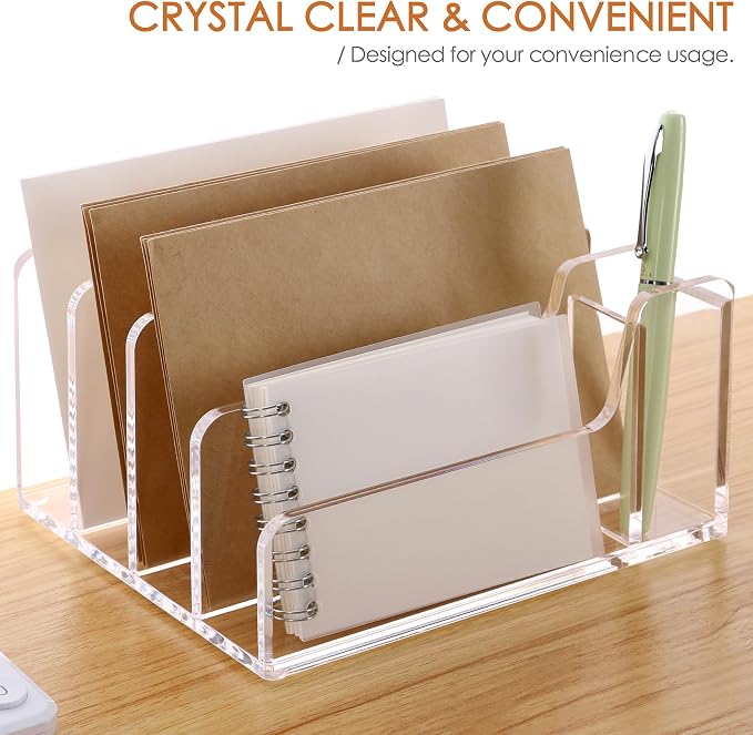 SANRUI Acrylic Mail Organizer, 5 Compartments File Holder for Desk,Letter Sorter with Pen Holder,Desk Organizers and Accessories,Clear Cute Mail Sorter