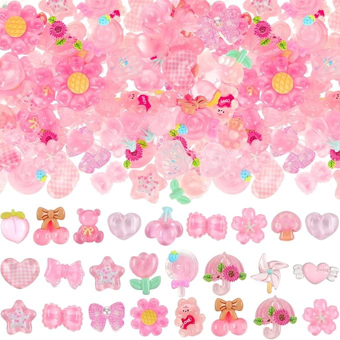 Giegxin 40 Pcs Pink Charms Bulk Cute Transparent Embellishments Pink Heart Bows Mixed Ornament Flatback Cabochon Kawaii Accessories for Jewelry Cellphone Case Scrapbooking Headband DIY Craft Making