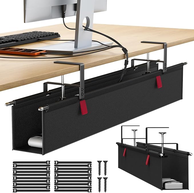 Housolution Under Desk Cable Management Tray, 36'' Cord Management | Premium Fabric Cable Storage Organizer, No Drilling Clamp/Screw Mount Cord Organization Tray for Office Home