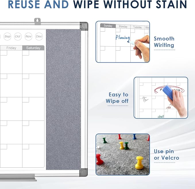 MAKELLO Dry Erase Calendar for Wall 24" x 18", Whiteboard Calendar and Grey Felt Board Combo for Office Home School