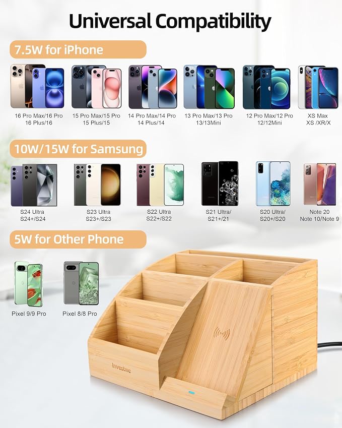 Bamboo Pen Holder with Wireless Charger, Desk Organizer with 5 Compartments for Home Office Supplies Compatible with iPhone & Samsung Series