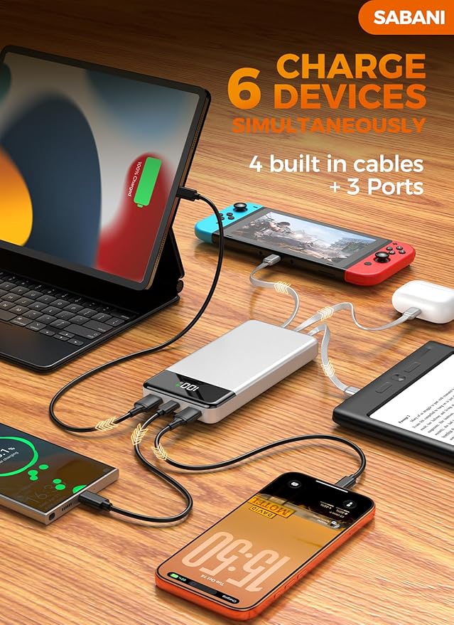Portable Charger 35000mAh Power Bank - Powerbank with 4 Built in Cables, 22.5W Fast Charging Travel Camping Essential Battery Pack Compatible with iPhone 17 16 15 14 13 Samsung Google, 1 Pack, Silver