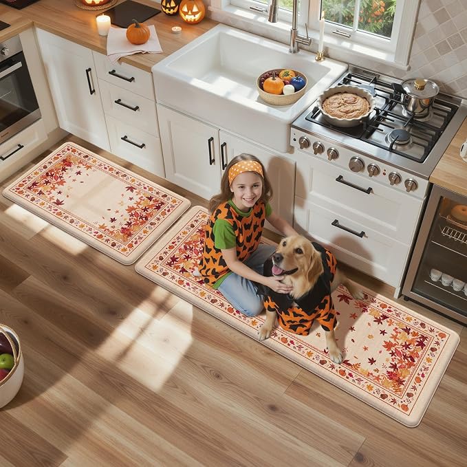 KIMODE Fall Kitchen Mats Cushioned Anti Fatigue 17"x47"+17"x29", Beige Kitchen Mats for Floor, Padded Kitchen Floor Mats Non Slip, Autumn Maple Leaves Standing Mat for Laundry Office Sink Desk