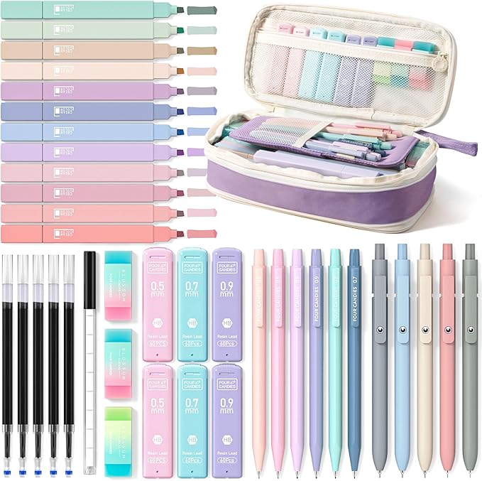 Four Candies 39PCS Cute Aesthetic School Supplies with Pen Case, Stationery Set for College & Nursing School Essentials, 12 Highlighters, 5 Gel Pens, 6 Mechanical Pencils, Purple