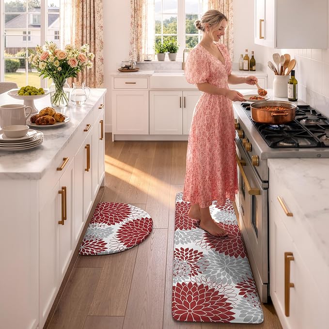 KIMODE Half Circle Anti Fatigue Mats for Kitchen Floor Rug Sets of 2 | 18"x28+18"x47",Red,Half Round,2PCS,Dahlia Floral Boho,Non Slip,Waterproof,for Sink Office Laundry Bathroom Decor