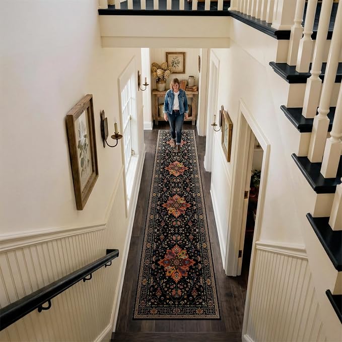 RELEANY Area Rugs Runner 2'x10' Washable Non-Slip, Floral Vintage Distress Medallion Carpet for Kitchen Hallway Bedroom Beside Laundry Room Bathroom, Black Colorful Floral Dark Tan