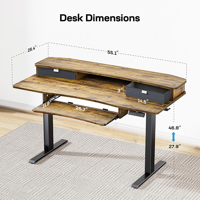 HUANUO 55" x 26" Electric Standing Desk, 2 Drawers & Keyboard Tray, Vintage | Ergonomic Desk with 2 Drawers: 27.9"-46.8" electric lifting. 26.7" keyboard tray & C-clamp mount top maximize workspace