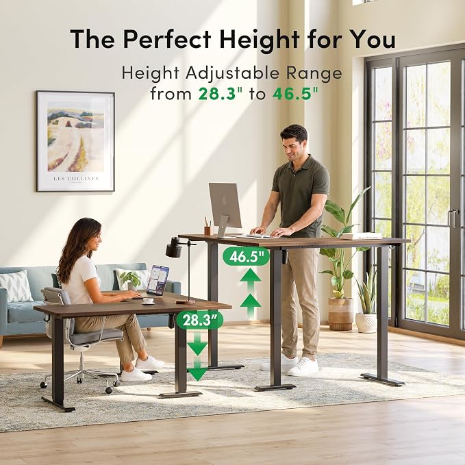 FEZIBO 63" x 55" L-Shaped Standing Desk - Adjustable Corner Desk L Shape, L-Shaped Adjustable Desk with Splice Board, L Shape Standing Desk, Black Walnut