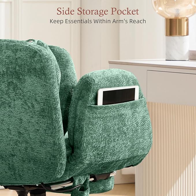 Criss Cross Office Chair with Footrest and 5-Gear Adjustable Arms, Green | Wide seat cross-legged desk chair, flip lumbar pillow, airbag support, chenille fabric, for home office vanity and meditation