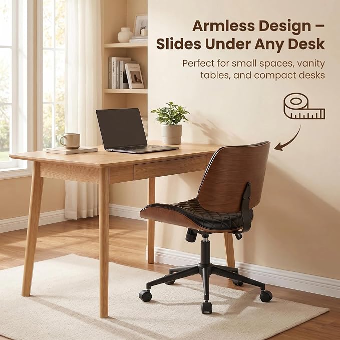Furnimart Wooden Armless Desk Chair with Wheels, 360° Swivel Faux Leather Vanity Chair for Bedroom, Small Office Computer Task Chair for Home & Compact Spaces (PU Black)