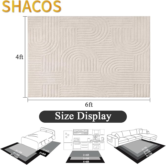 SHACOS Soft Cozy Fluffy Arch Pattern High Low Pile Area Rugs 4'x6' Non Slip Washable Scandinavian Minimalist Rug Modern Geometric Arc Carpet for Living Room Bedroom Dining Room, Beige