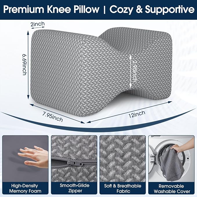 BlissTrends Memory Foam Knee Pillow, Knee Pillow for Side Sleepers, Leg Pillows for Sleeping Blood Circulation, Elevation Pillow for Spine Aligning, Sciatica, Hip, Knee, Ankle Pain, Grey, X-Large