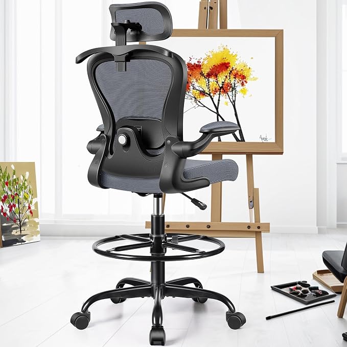 AtHope Drafting Chair, Tall Office Chair with 3D Lumbar & Head Support | Ergonomic Mesh Standing Desk Chair with Footrest Ring, Comfy Extended High Desk Chair with Flip-Up Arms & Hanger, Dark Gray