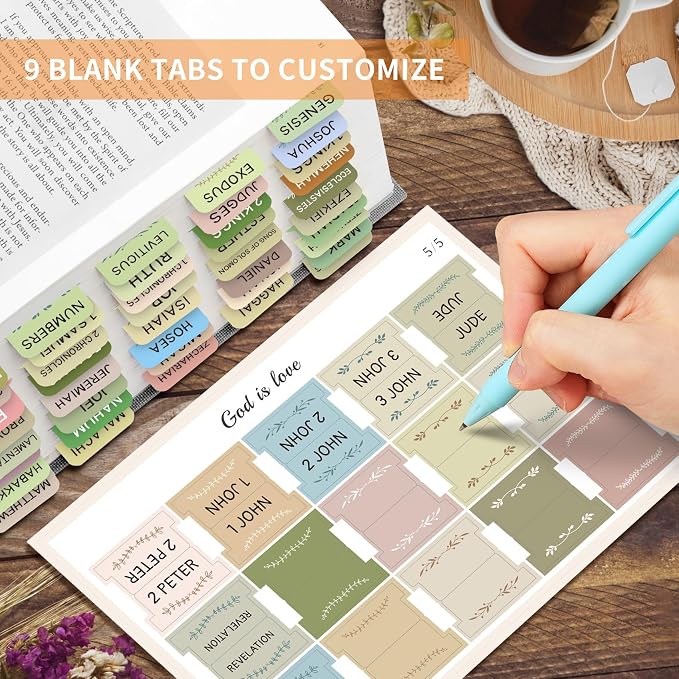 Bible Tabs for Women & Men, Bible Tab for Study Bible, Large Print Bible Tabs for Easy Navigation, Bible Index Tab, 66 Tabs Old & New Testament, Extra 9 Blank Tabs - Gentle Foliage