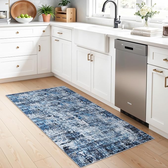 2x5 Washable Kitchen Runner Rug – Non-Slip Rubber Backing Low-Pile Soft Small Rug for Hallway Bathroom Bedroom Entryway Laundry Room – Modern Neutral Abstract Thin (Navy Blue)