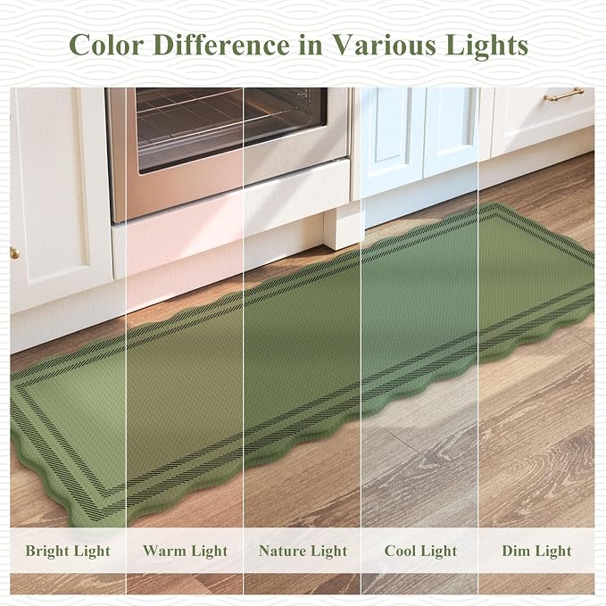 KIMODE Kitchen Mats for Floor Cushioned Anti Fatigue,Green Boho Home Decor | Scalloped Rugs for Kitchen Floor Non Slip,Farmhouse Kitchen Runner Rugs,Summer Laundry Room Rugs for Office Bathroom Sink