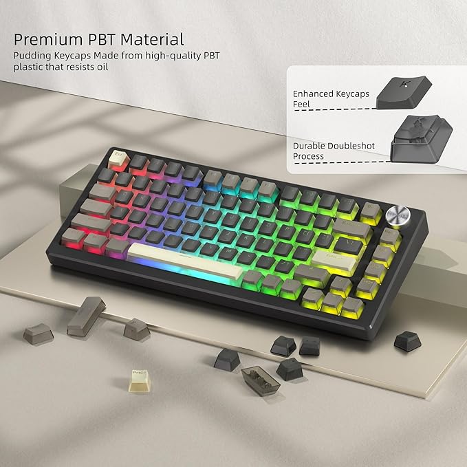 Womier PBT Shine Through Keycaps for Mechanical Keyboard, Pudding Keycaps 60% 75% 100% Keyboard 143 Keys, Custom Keycap Set OEM Profile for Gateron Cherry MX Switches,Grey Brown-Only Key caps