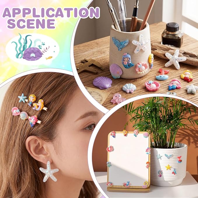 Giegxin 40 Pcs Summer Mermaid Resin Charm Seabed Seashells Crabs Mermaid Tails Flatback Cabochon Accessories Cute Embellishments Bulk for Jewelry Cellphone Case Scrapbooking Headband DIY Craft Making