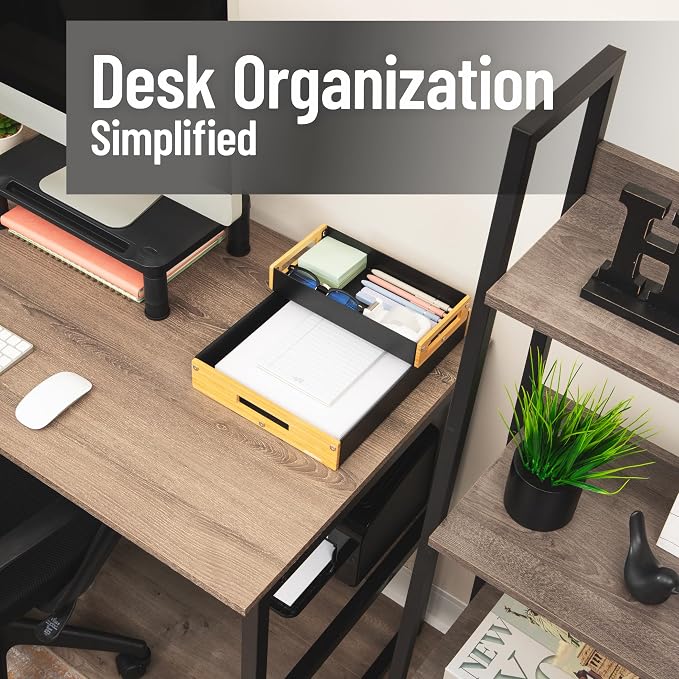 Mind Reader Metal and Wood Tiered Desktop Organizer Trays with Cutout Handles, Stackable Office Storage, Office, Entryway, Coffee Station and Home Organization, Metal and Wood, Set of 2, Black