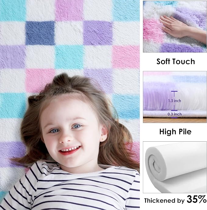 KICMOR Purple Rainbow Round Rugs 5ft for Bedroom Living Room, Cute Fluffy Soft Circle Area Rug Fuzzy Shag Shaggy Carpet, Circular Checkered Rug for Teen Kids Girls Boys Nursery Home Decor Aesthetic