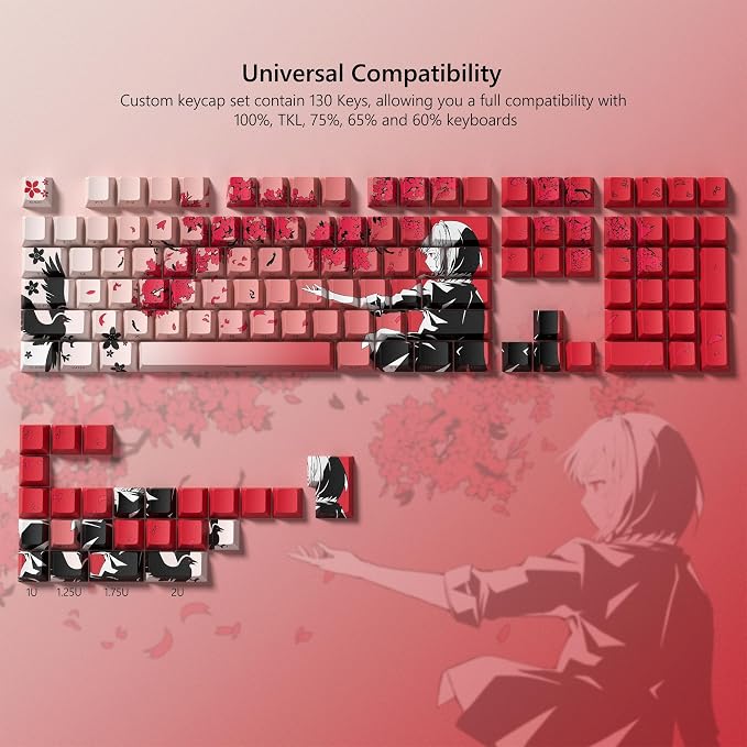Rainy Japanese Anime Keycaps Shine Throgu Key Caps,Cherry Keycaps 129 Keys PBT Dye Sublimation Custom Keycaps Set for Mechanical Keyboard 61/64/75/84/87/104/108 Layout with Key Puller (Red)