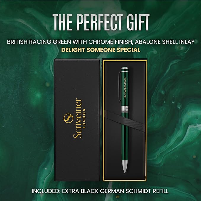 Scriveiner Personalized British Racing Green Ballpoint Pen - Stunning Green Lacquer Luxury Pen with Chrome Finish, Schmidt Ink Refill, Engraved Ball Point Gift Set for Men & Women, Custom Engraving