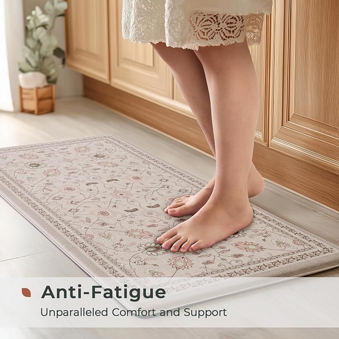 FRESHMINT Vintage Floral Kitchen Mat 2 Pack, 17x30''+17x47'', Natural Beige | Anti-Fatigue, Non Slip, Comfort, Kitchen Decor, Easy to Clean, Waterproof, Perfect for Kitchen, Laundry, Office