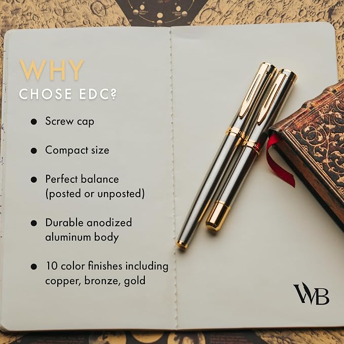 Wordsworth and Black Fountain Pen Mini EDC: Luxury Silver Heavy Pocket Pen, Gold Finish, Medium Nib, 6 Ink Cartridges, Ink Converter, Travel Refillable Writing Pen Gift Set, Men & Women