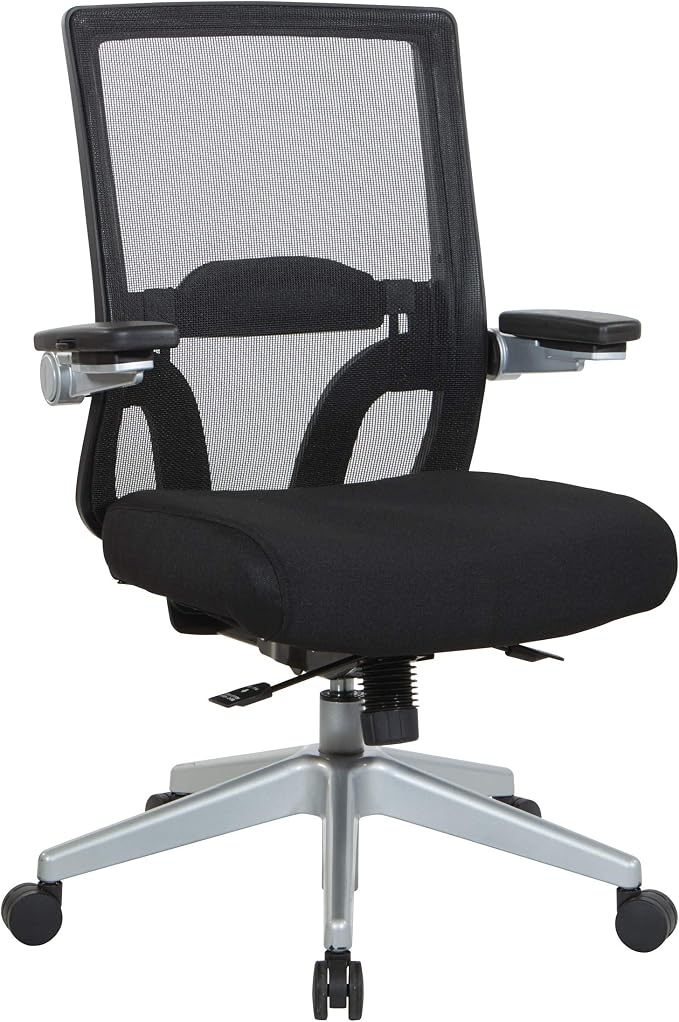 Space Seating 867 Series Adjustable Manager's Chair with Breathable Mesh Back, Lumbar Support and Padded Flip Arms, Black Fabric Seat with Silver Nylon Base