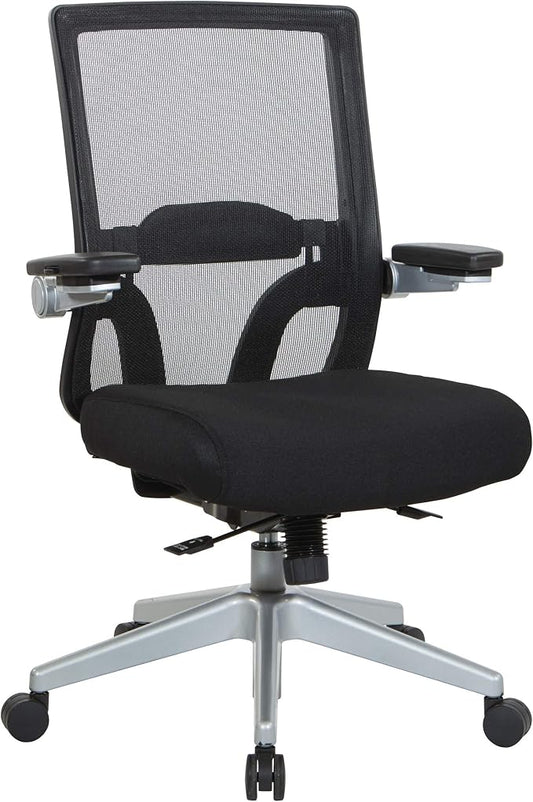 Space Seating 867 Series Adjustable Manager's Chair with Breathable Mesh Back, Lumbar Support and Padded Flip Arms, Black Fabric Seat with Silver Nylon Base