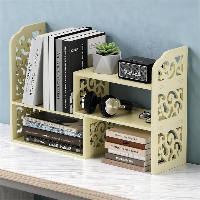 YGYQZ Adjustable Desktop Shelf Organizer, 3-Tier Expandable Desk Shelf, Beige Pattern