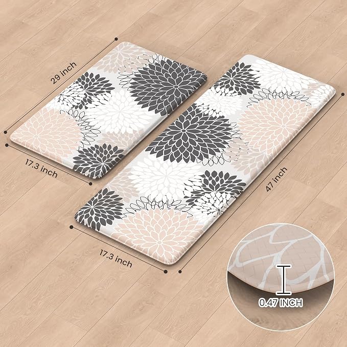 KIMODE Anti Fatigue Kitchen Mats for Floor 2PCS, Cushioned Standing Mats | 17"x47"+17"x29",Dahlia Floral,Pink Boho Floor Mats set of 2,Non Slip,Waterproof,Comfort Desk Mat for Sink Office Laundry home