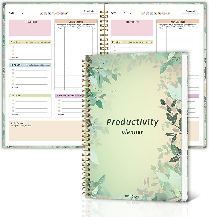 ADHD Daily Planner with Hardcover for Men & Women ,Productivity Planner & Undated Task Management Organizer Daily Schedule,Self-Care,To-Do List for Neurodivergent Adults, Focused Planners Cardboard Cover for Adult & Teens - Green Leaves