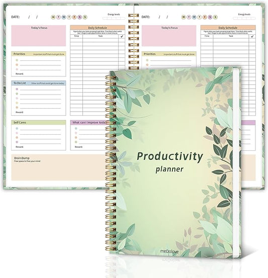 ADHD Daily Planner with Hardcover for Men & Women ,Productivity Planner & Undated Task Management Organizer Daily Schedule,Self-Care,To-Do List for Neurodivergent Adults, Focused Planners Cardboard Cover for Adult & Teens - Green Leaves