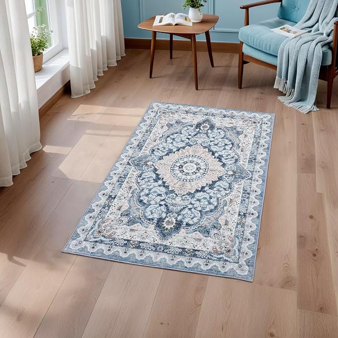 Macgace 2x3 Small Area Rug for Entryway, Soft Washable Rugs with Non-Slip Backing for Bedroom Kitchen, Vintage Throw Carpet Laundry Entry Door Decor, Blue & Beige