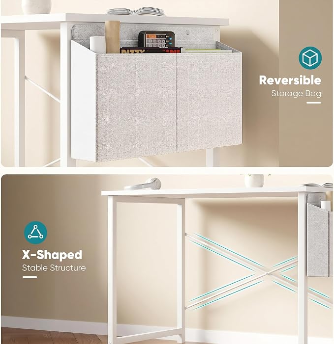 OLIXIS Small Computer Desk, 40 Inch Home Office Desks, Writing Study Craft Work Gaming Table, Computer Workstation for Bedroom Small Spaces with Storage Bag and Headphone Hook, White