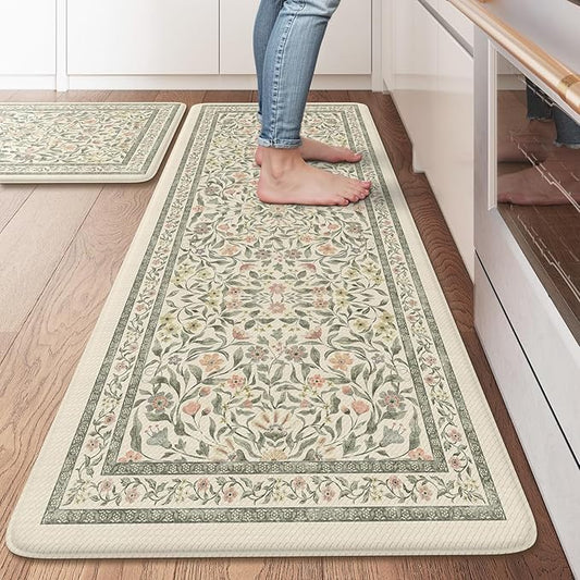 KIMODE Anti Fatigue Mats for Kitchen Floor 20"x47"+20"x32", Boho Farmhouse Kitchen Rugs Sets of 2, Cushioned Kitchen Floor Mats Non Slip, Comfort Standing Mats for Sink Laundry Desk Beige