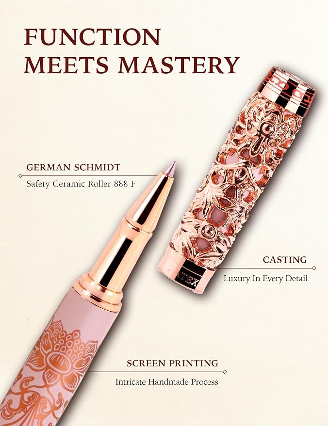 Executive Rollerball Pen Sets With Stand-Museum Collections-Crafting Timeless Beauty-Luxury Pen Gift & Office Desk Decor, German SCHMIDT refill, Solid Metal & Marble Texture (Purple & Rosegold Pen)