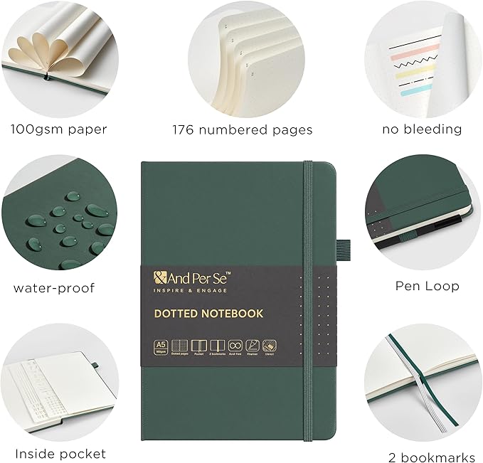 &And Per Se 3 Pack A5 Dotted Notebook Set - Each with 176 Numbered Pages, 100GSM Thick Paper, Stencil & Pen Included | Hardcover Dotted Journal for Bulk Use, Students, Teachers, Gift Giving (Green)