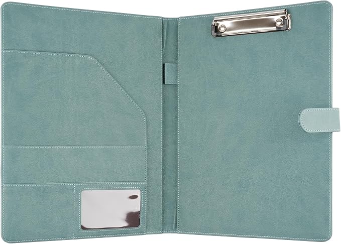 Professional Padfolio with Clipboard, Faux Leather Portfolio Folder Binder, Legal Pad Holder for A4 Letter Size Notepad, Resume, Writing, Ideal Organizer for Business Office Conference (Gray Green)