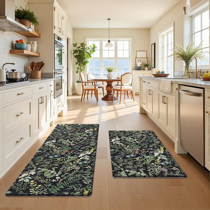 SHACOS Botanical Kitchen Rugs Set of 2, 17x27.5+17x47 inch | Black Green Anti Fatigue Mats for Kitchen Floor, Greenery Plants Ergonomic Cushioned Mats Leaf Floral Farmhouse
