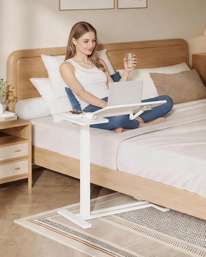 SANODESK 28''Overbed Table Gas Spring Lifting with Wheels&Tilting Desktop | Rolling Mobile Laptop Desk End Table,Portable Computer Workstation for Home Office,Sofa,Bedside,27.6" W x 15.7" D,White