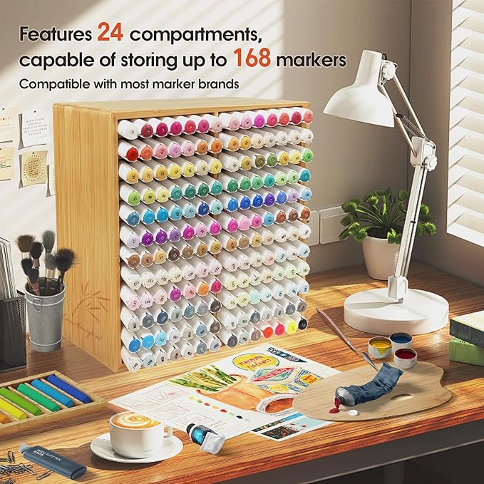 Marker Organizer for 168 Markers,Bamboo Wooden Desk Storage Organizer Rack,Markers Pens Pencils Art Brushes Storage Holder for Home Classroom Office Decor