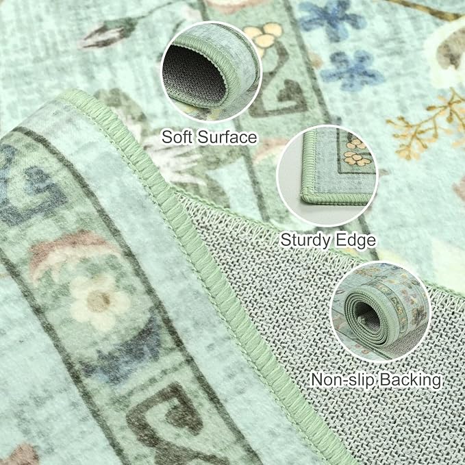 Vasofe 4x6 Area Rug for Bedroom, Washable Rugs for Living Room, Laundry, Kitchen, Vintage Floral Indoor Non Slip Carpet Farmhouse Light Green Throw Carpets Soft Low Pile Mat for Dorm Bedside Office